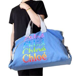 Chloe blue canvas / leather multicolor logo vintage extra large tote travel bag
